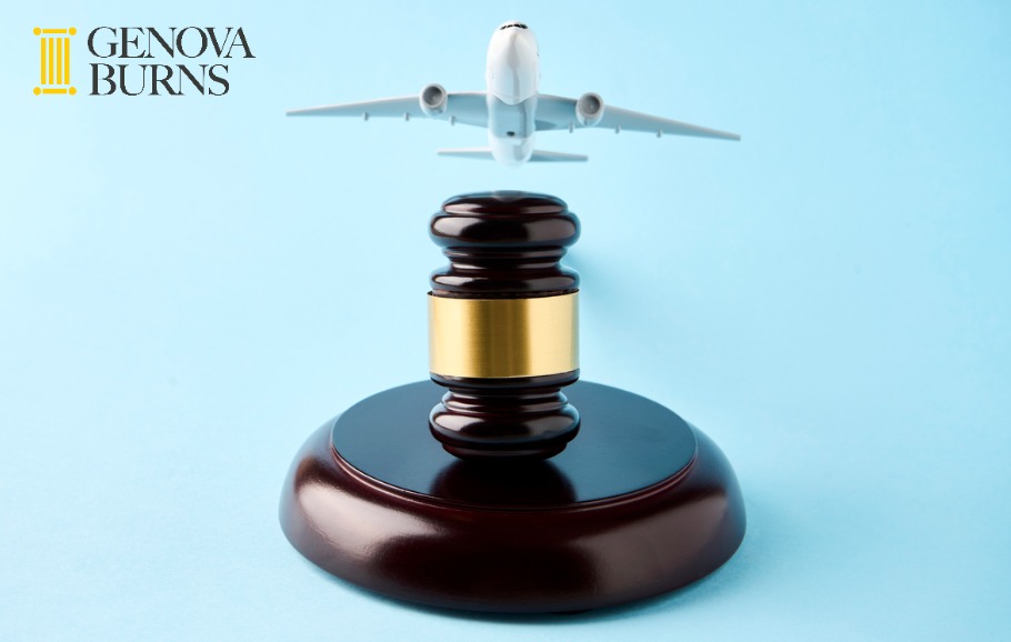 Wooden gavel and ascending plane on blue background