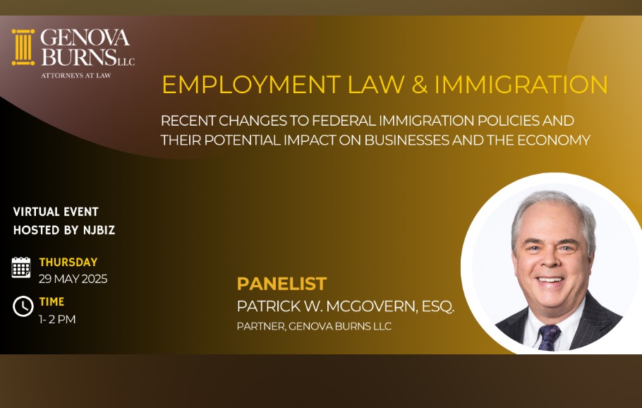 NJBIZ Employment Law & Immigration panel flyer featuring Patrick McGovern's headshot