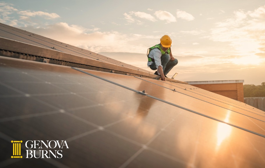 Service engineer checking solar cell on the roof for maintenance