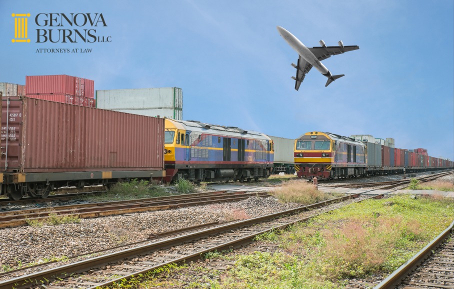 Freight trains in dock with an airplane flying overhead