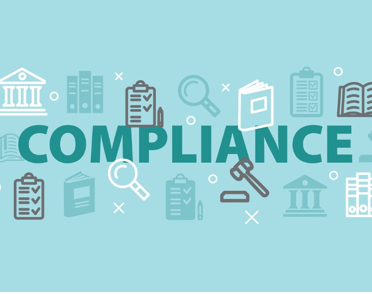 The word compliance on blue background with icons of books, gavel, clipboard, courthouse and magnifying glass